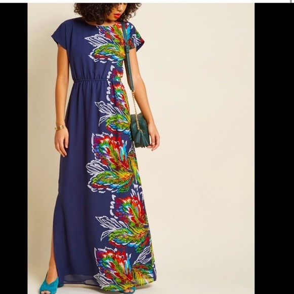 C1. Lace and Mesh Navy Blue Floral Print Maxi Dress with Side Slit - Picture 1 of 9